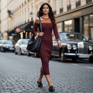 Zara Ribbed Knit Shimmer Sweater Dress Metallic Bell Sleeves Long Burgundy Large